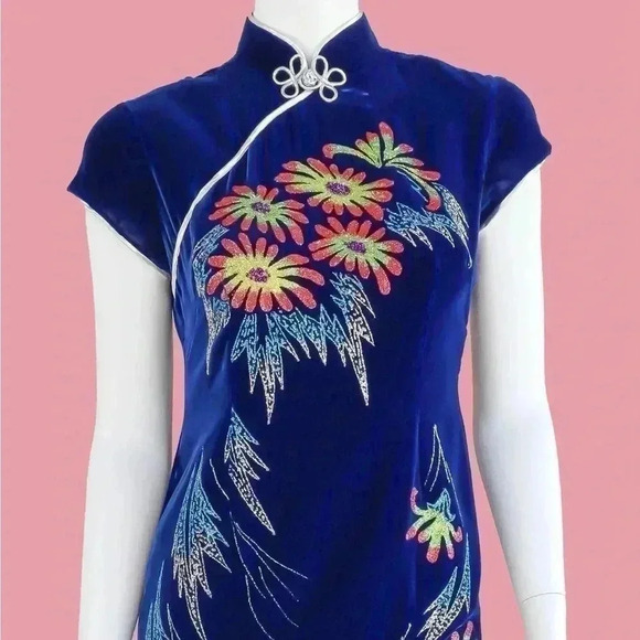 Vintage Electric Blue Floral Cheongsam Pencil Dress Size Small spring easter - Picture 2 of 6
